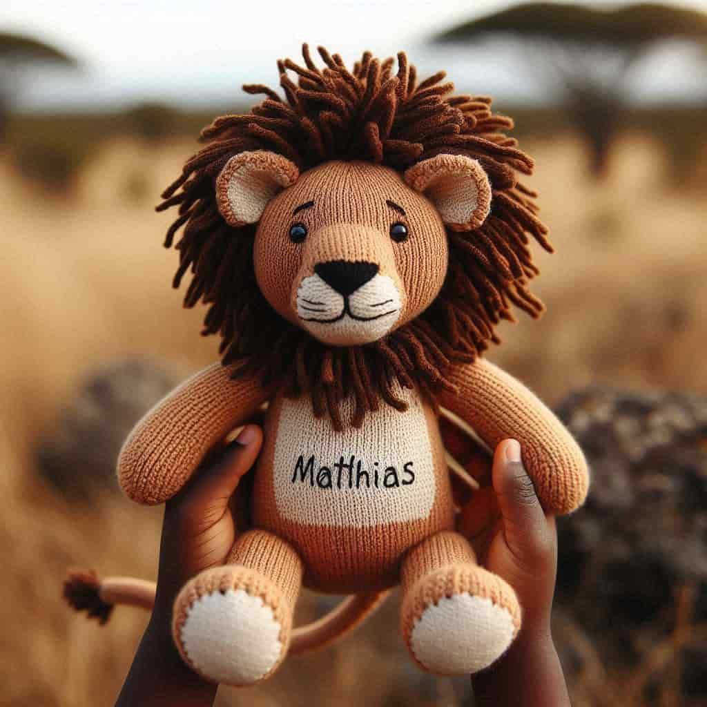 Peluche lion au crochet personnalise avec le prenom mathias