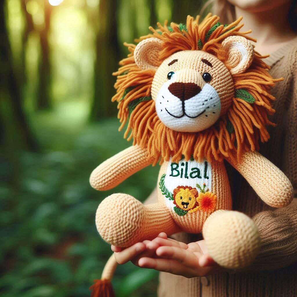 Peluche lion en tricotin avec le prenom bilal