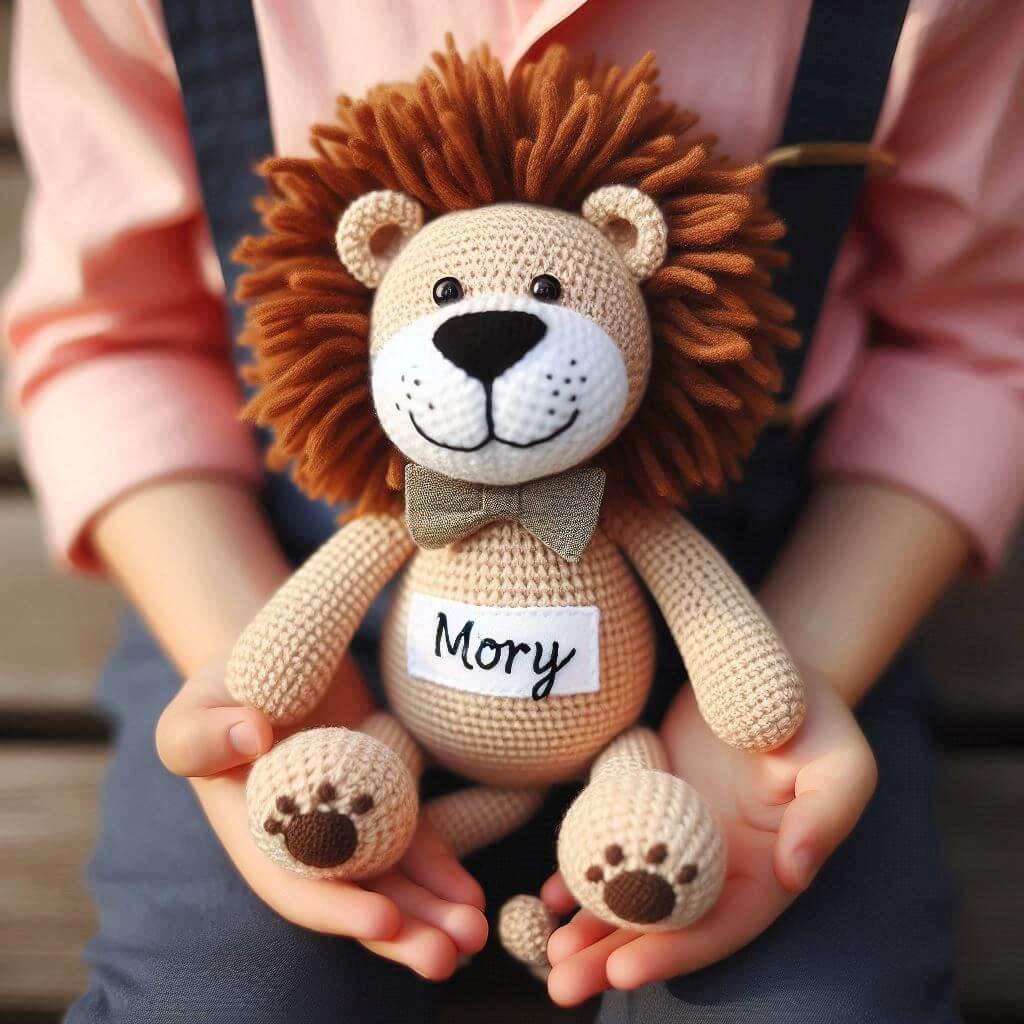 Peluche lion en tricotin avec le prenom mory