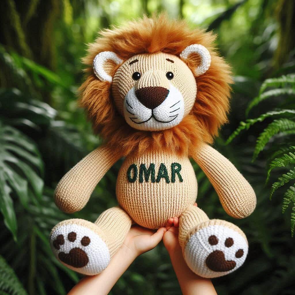 Peluche lion en tricotin avec le prenom omar