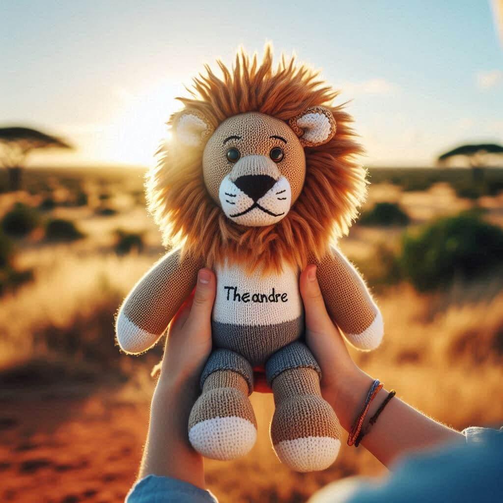 Peluche lion en tricotin avec le prenom theandre brode tenu par un petit garcon dans la savane