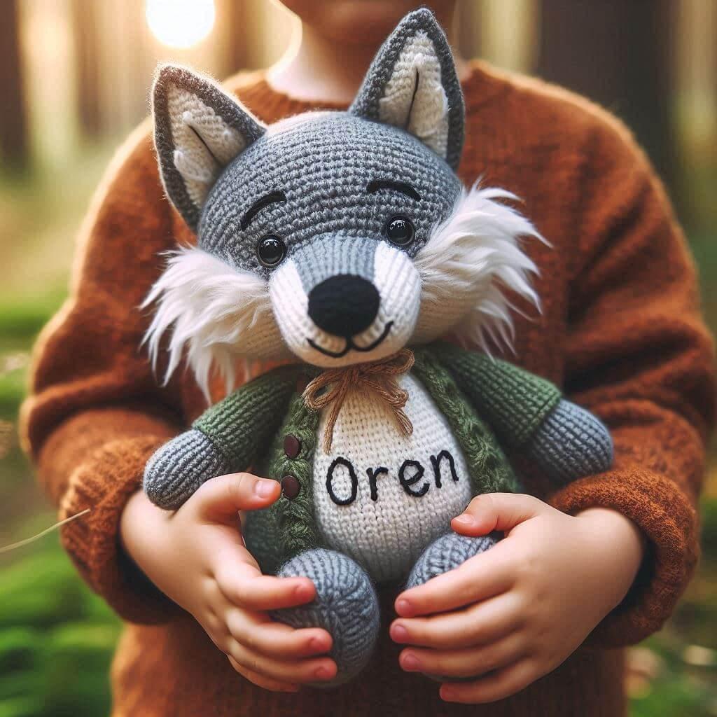 Peluche loup en tricotin avec le prenom oren