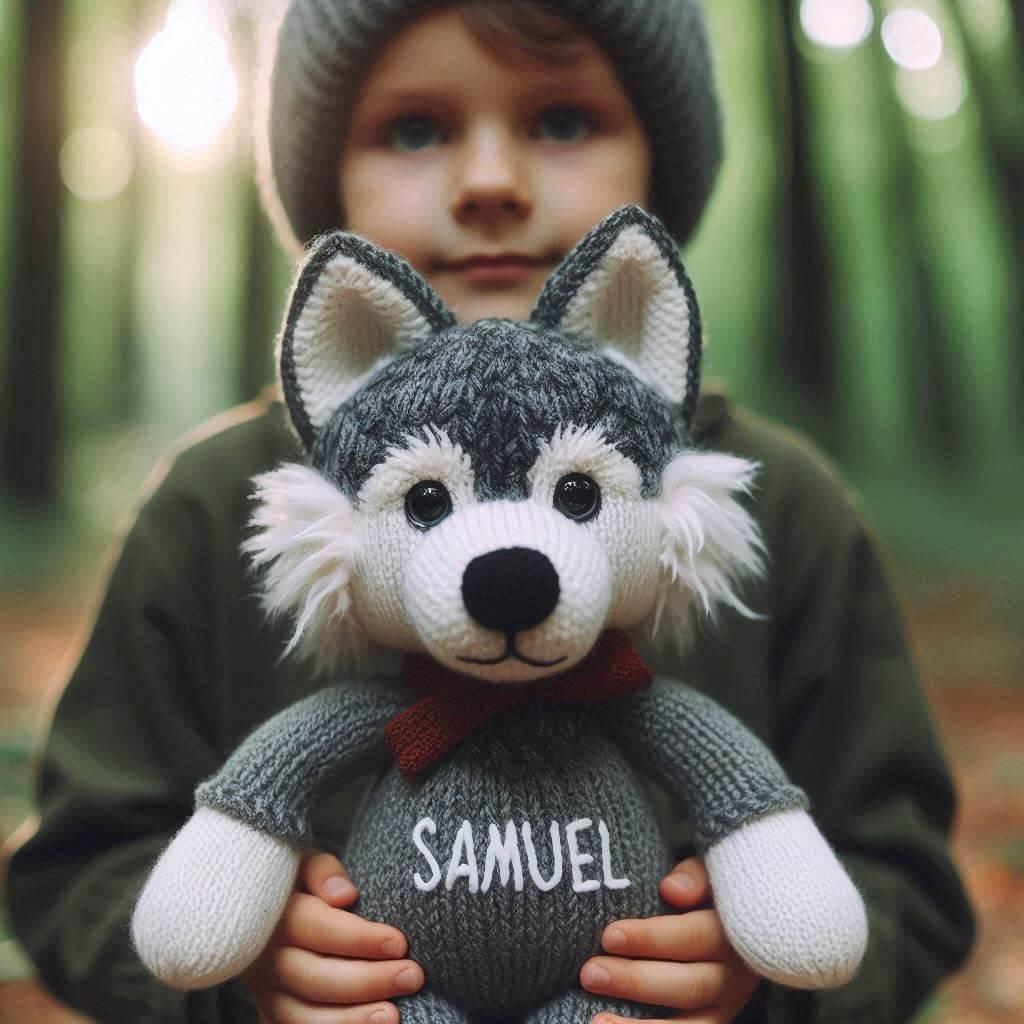 Peluche loup en tricotin personnalisee avec le prenom samuel