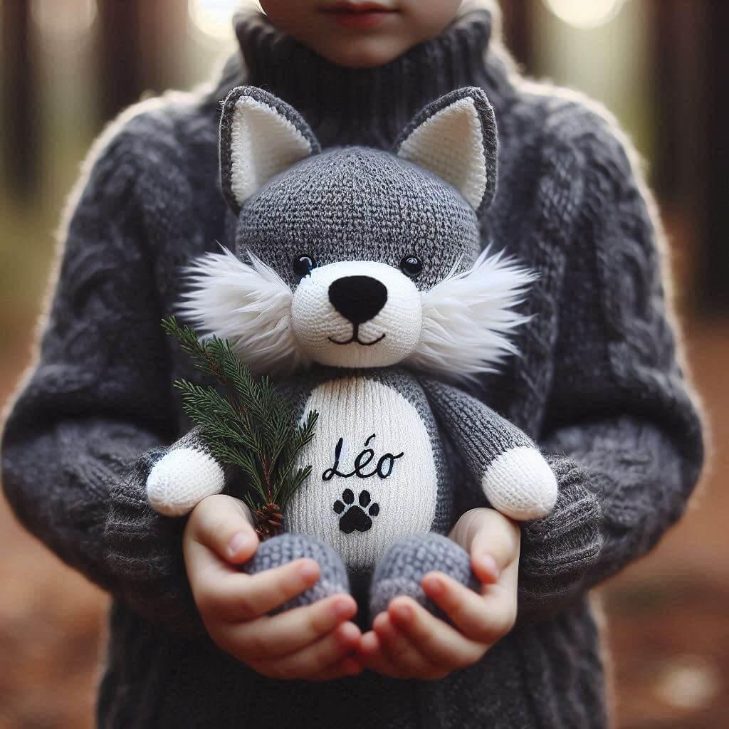 Peluche loup en tricotin personnalisée avec le prenom leo, creation artisanale