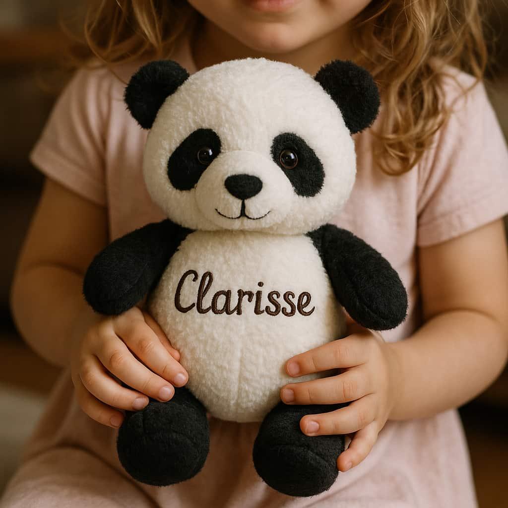 Peluche panda avec le prenom clarisse dans les mains d une petite fille