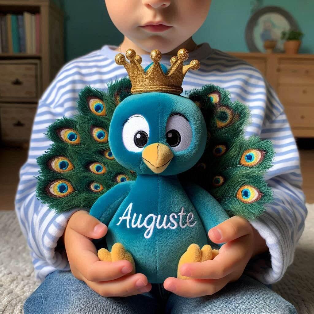 Peluche paon avec une couronne personnalise avec le prenom auguste ecrit en francais dans les mains dun petit garcon 1