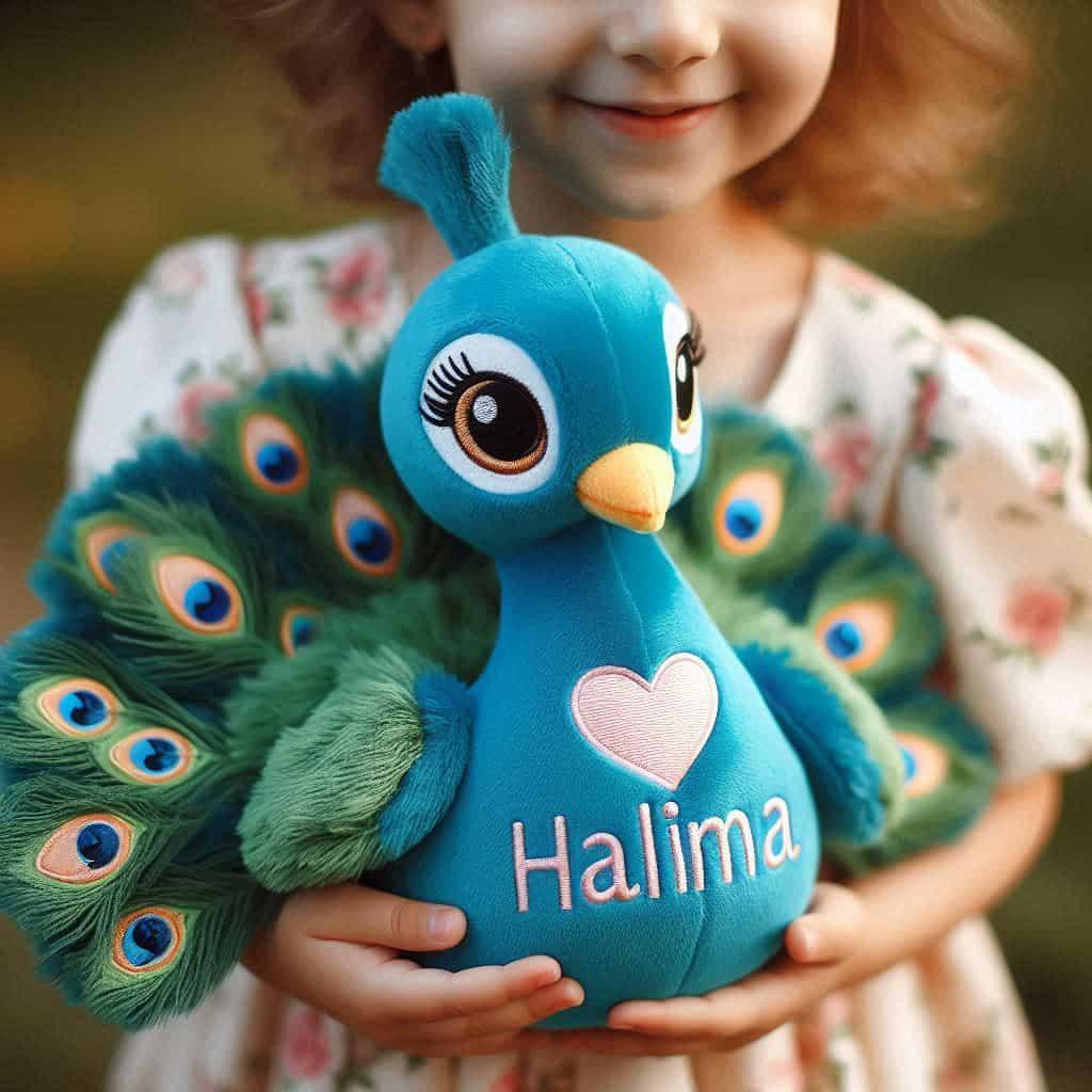 Peluche paon personnalisee avec le prenom halima