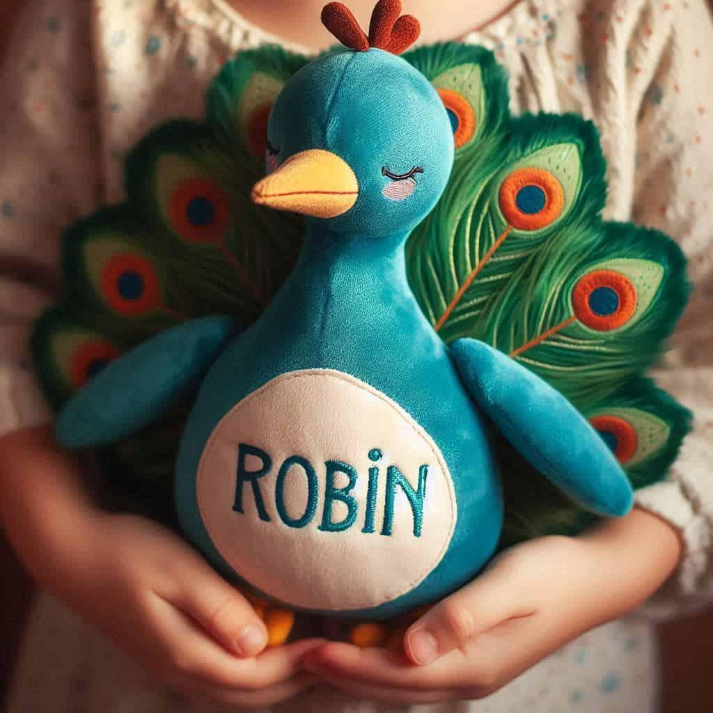 Peluche paon personnalisee avec le prenom robin