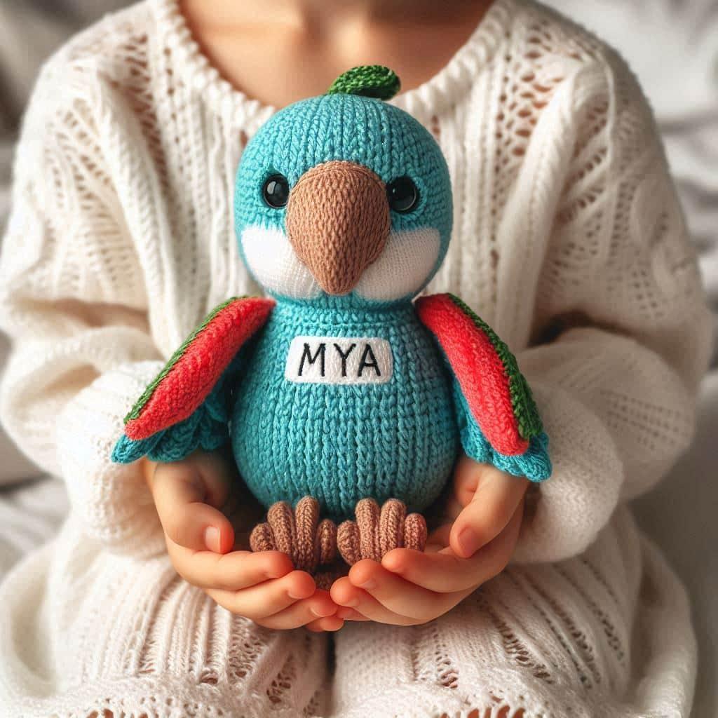 Peluche perroquet au crochet avec le prenom mya
