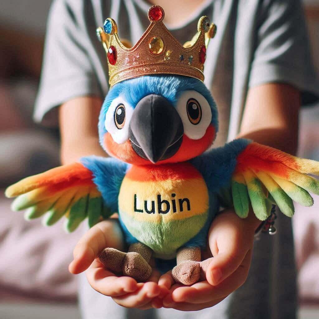Peluche perroquet avec une couronne personnalise avec le prenom lubin