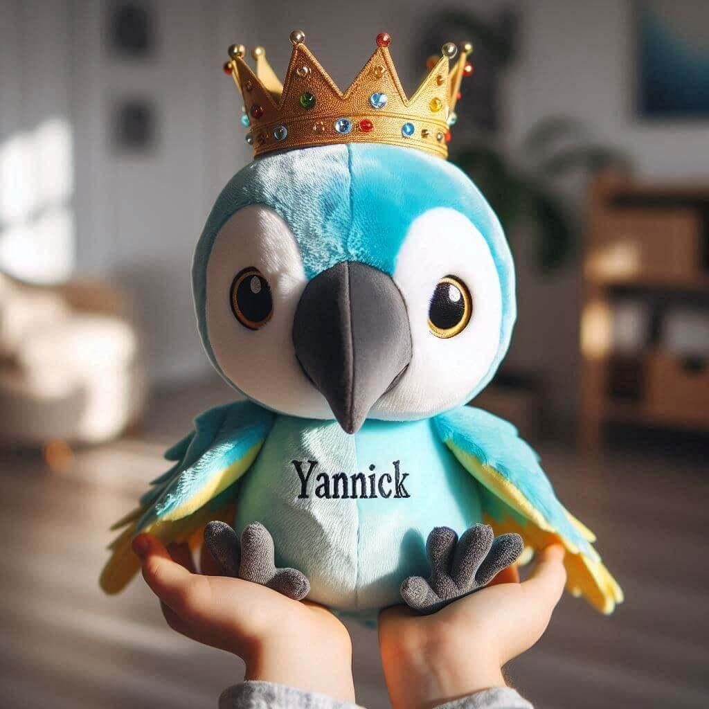 Peluche perroquet avec une couronne personnalise avec le prenom yannick