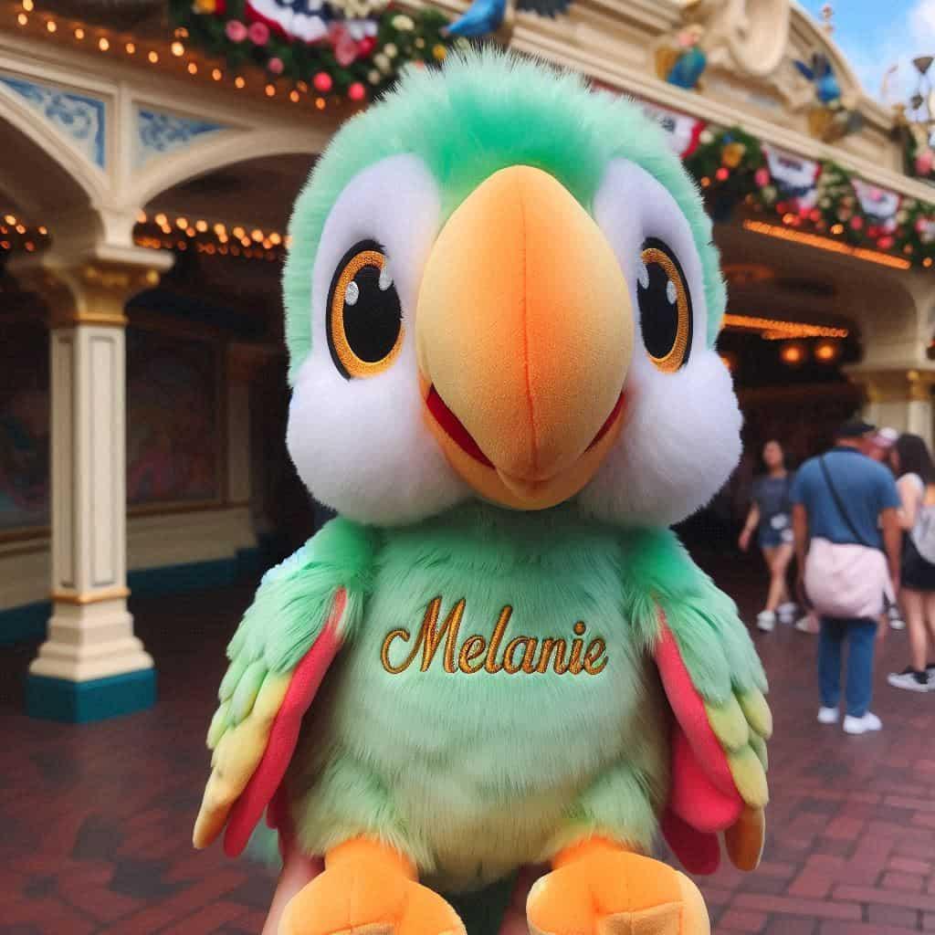 Peluche perroquet personnalisee avec le prenom melanie douce et marrante