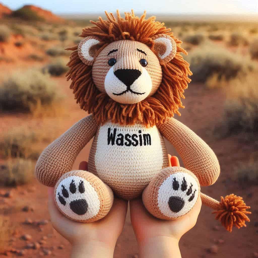 Peluche personnalisee avec le prenom wassim theme lion realise au crochet