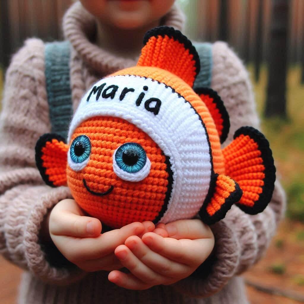 Peluche poisson clown en tricotin avec le prenom maria