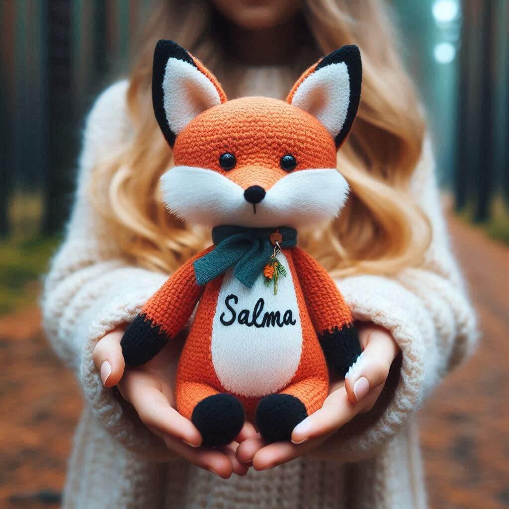 Peluche renard au crochet personnalisee avec le prenom salma