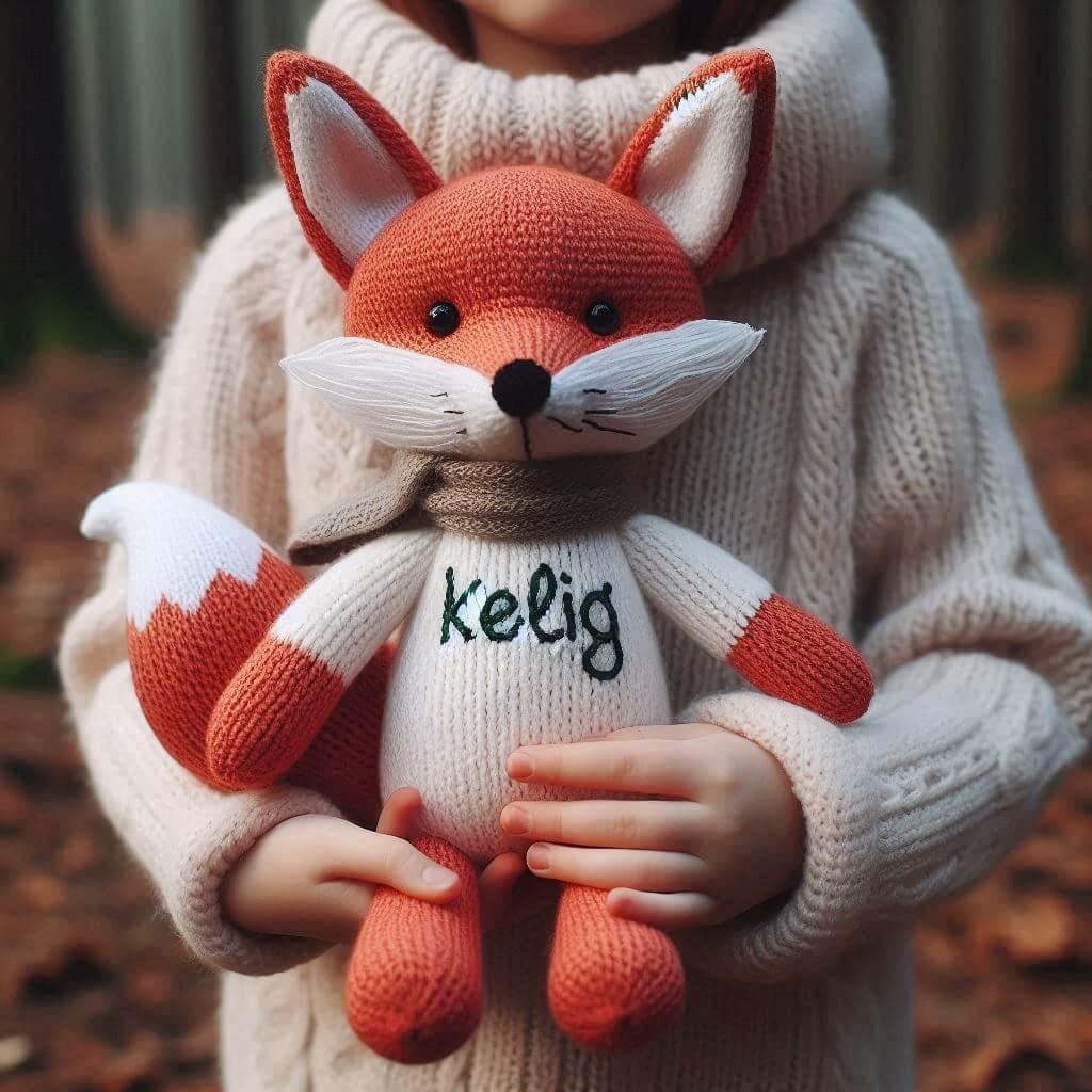 Peluche renard en tricotin avec le prenom kelig brode