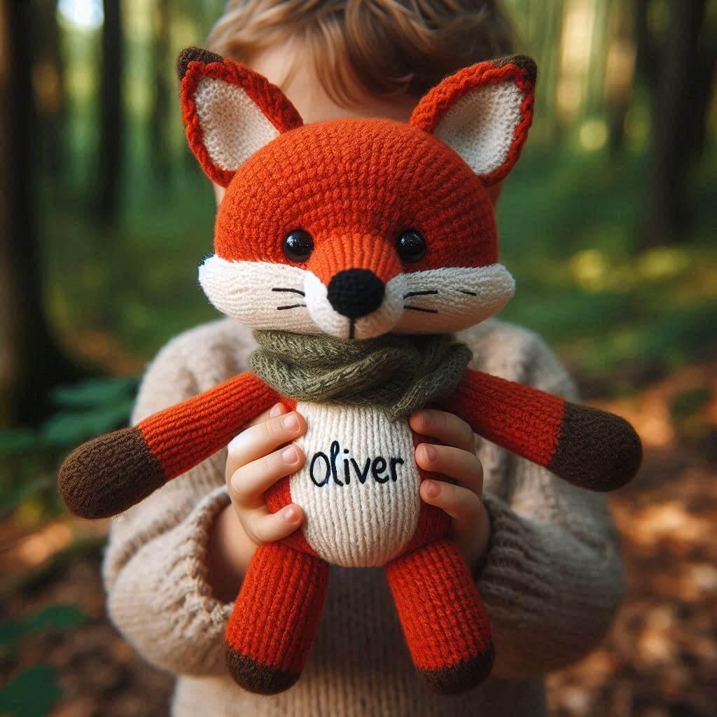 Peluche renard en tricotin avec le prenom oliver