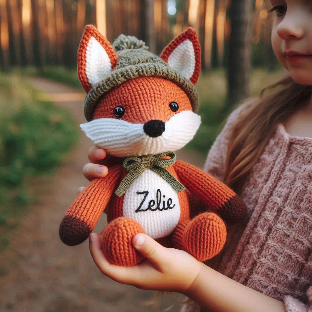 Peluche renard en tricotin personnalisee avec le prenom zelie