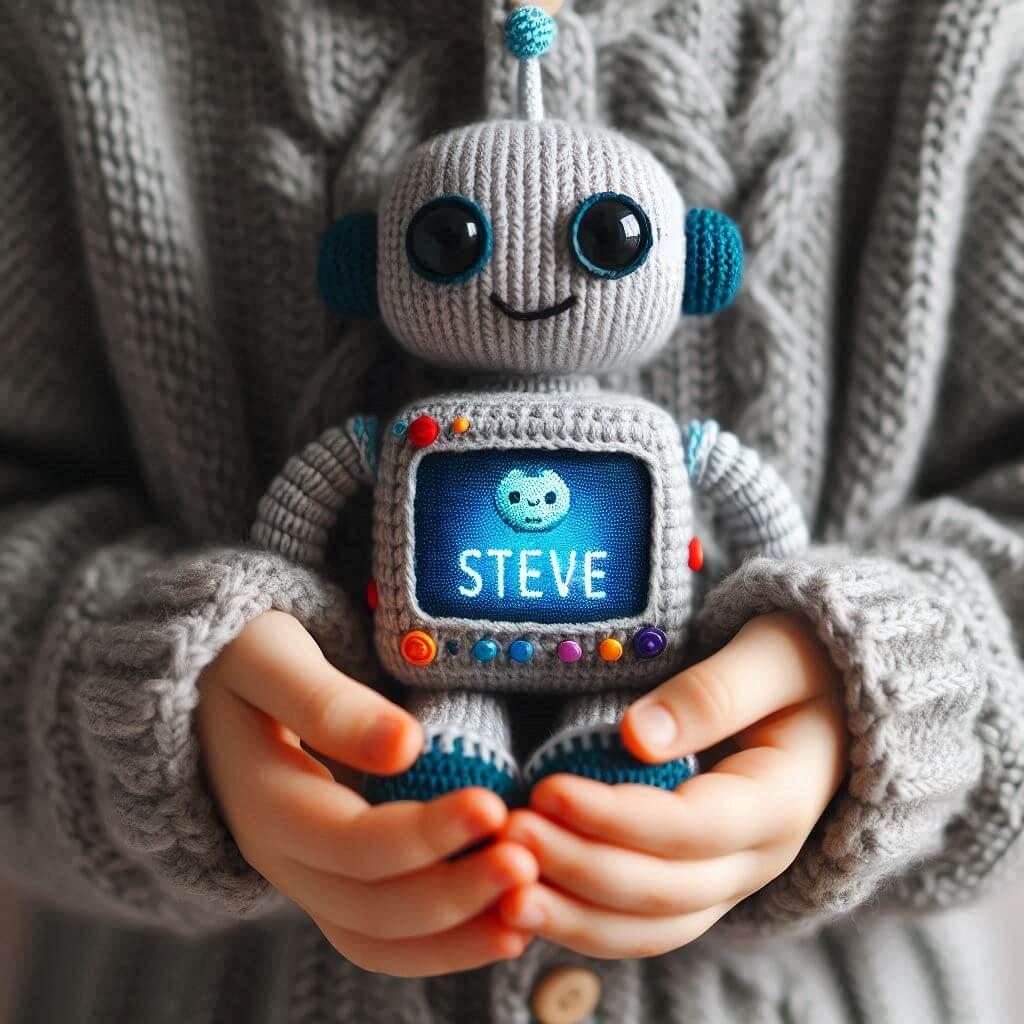 Peluche robot au crochet personnalise avec le prenom steve