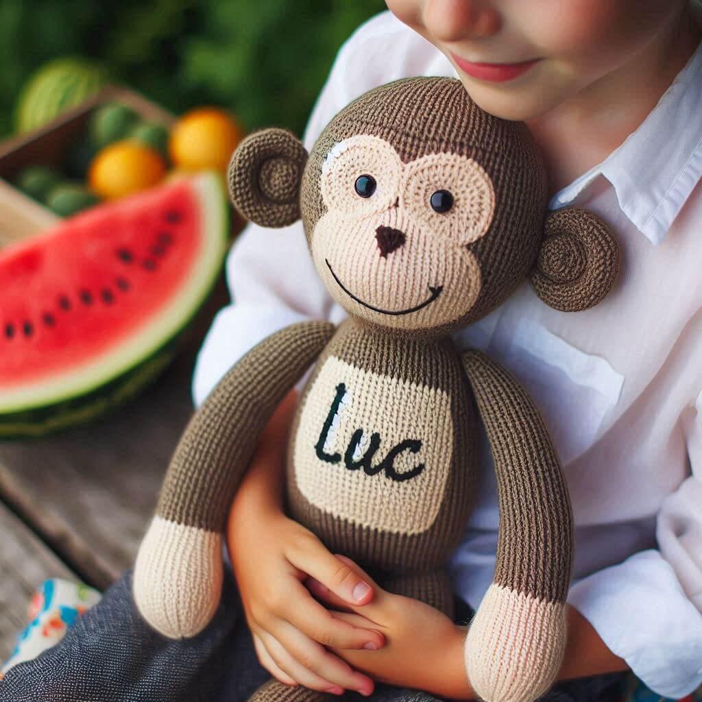 Peluche singe en tricotin avec le prenom luc dans les bras dun garcon 1