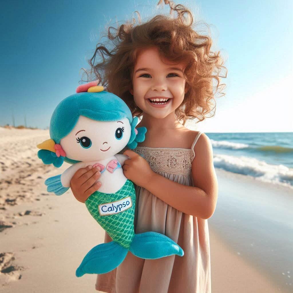 Peluche sirene en tricotin avec le prenom calypso