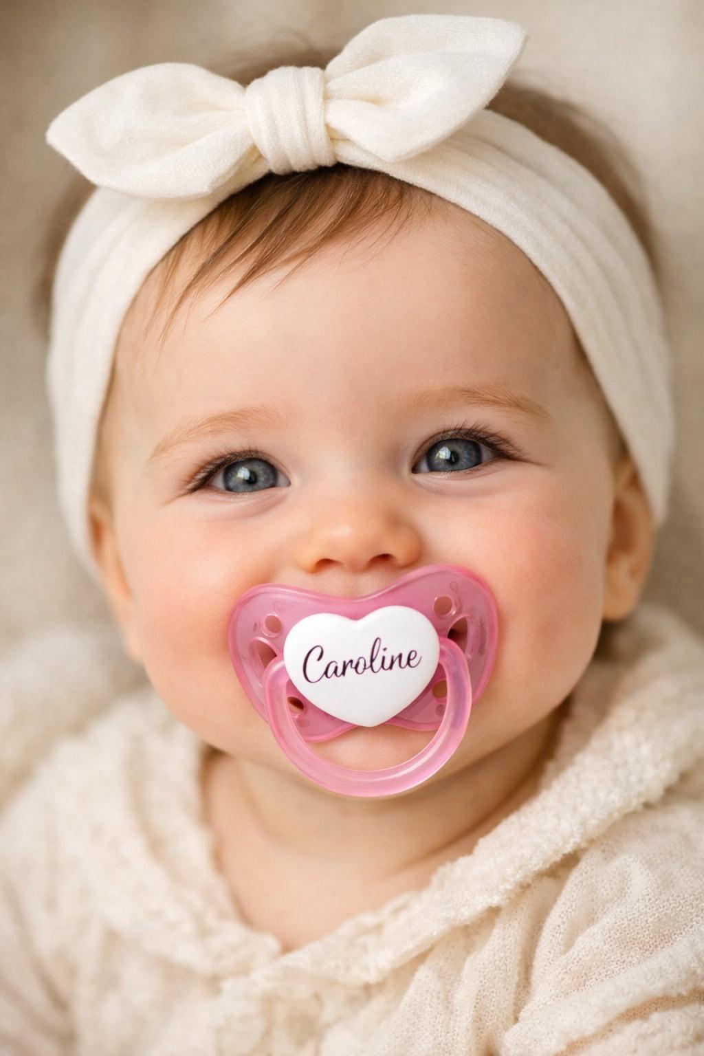 Petit bebe avec un bandeau souriante sa tetine est personnalisee avec le prenom caroline