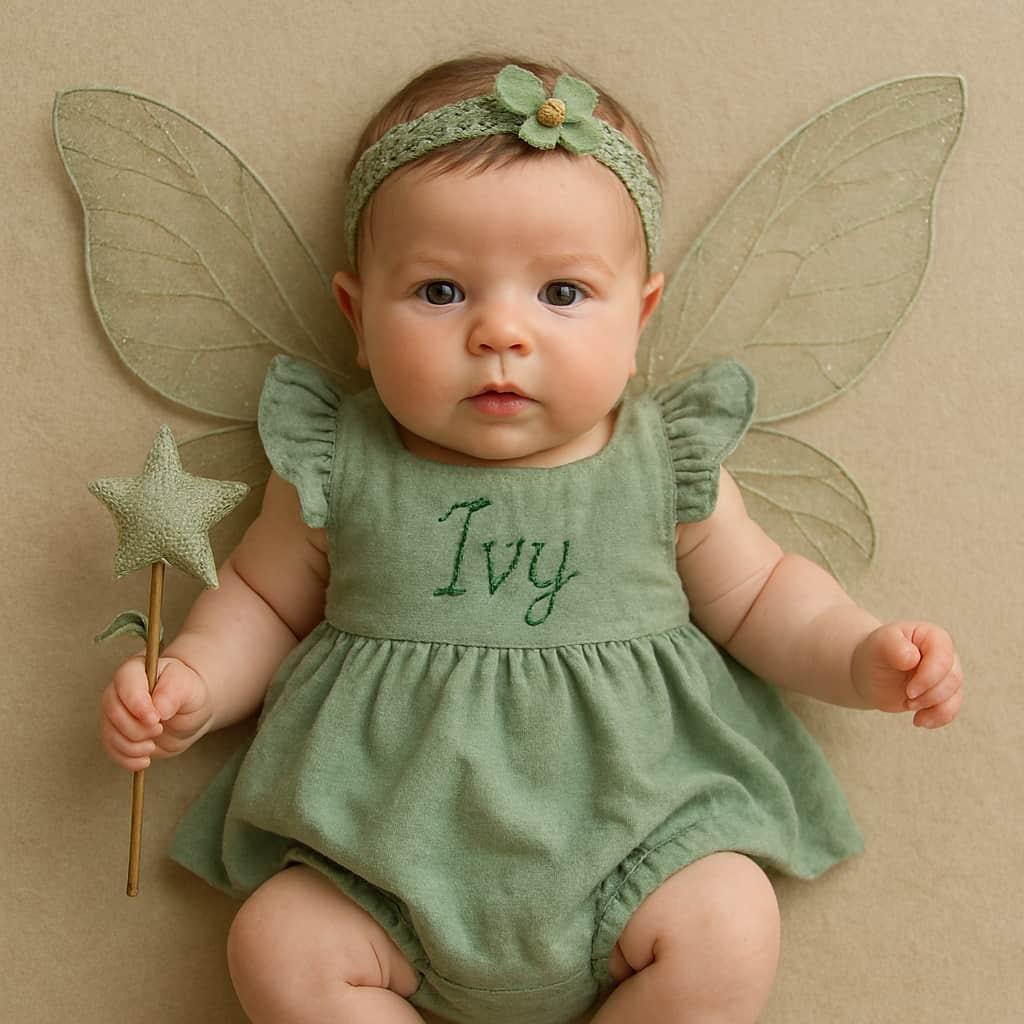 Petit bebe deguise en fee le prenom ivy est brode sur la robe image format carre