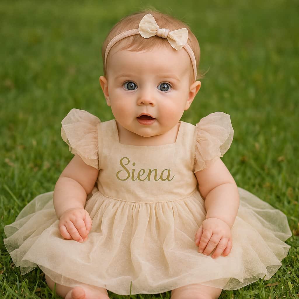 Petit bebe fille habillee en robe de princesse avec le prenom siena brode sur sa robe elle est assise dans l herbe