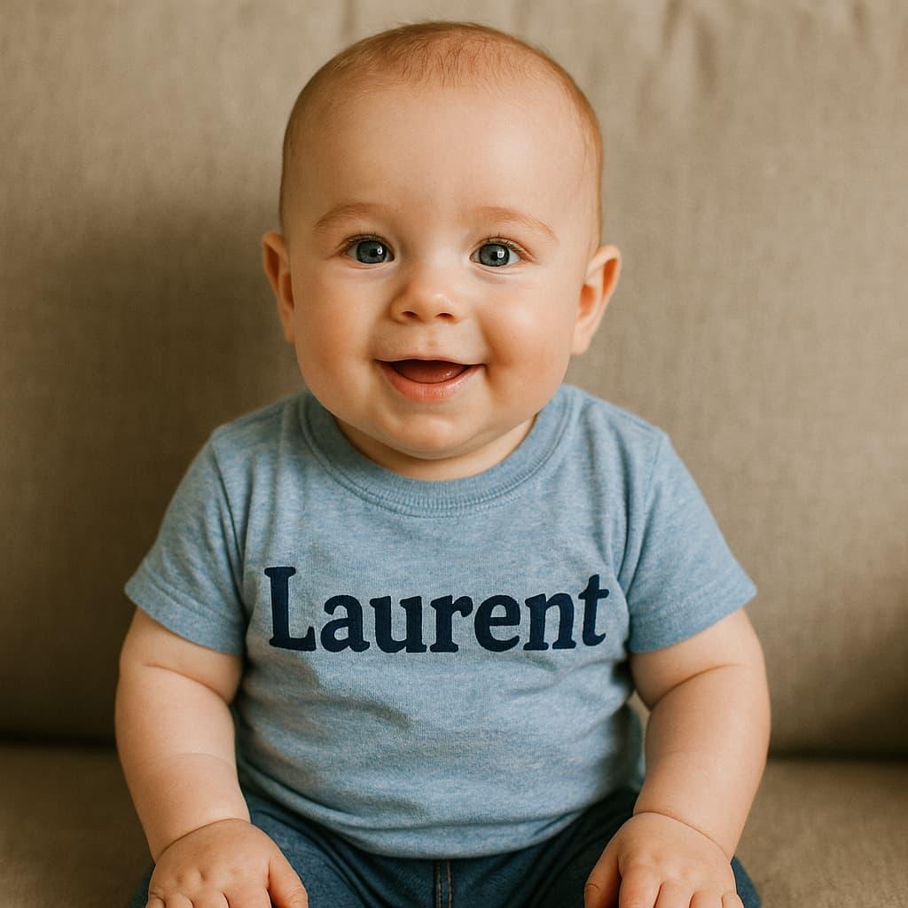 Petit bebe garcon qui se prenomme laurent souriant assis sur un canape