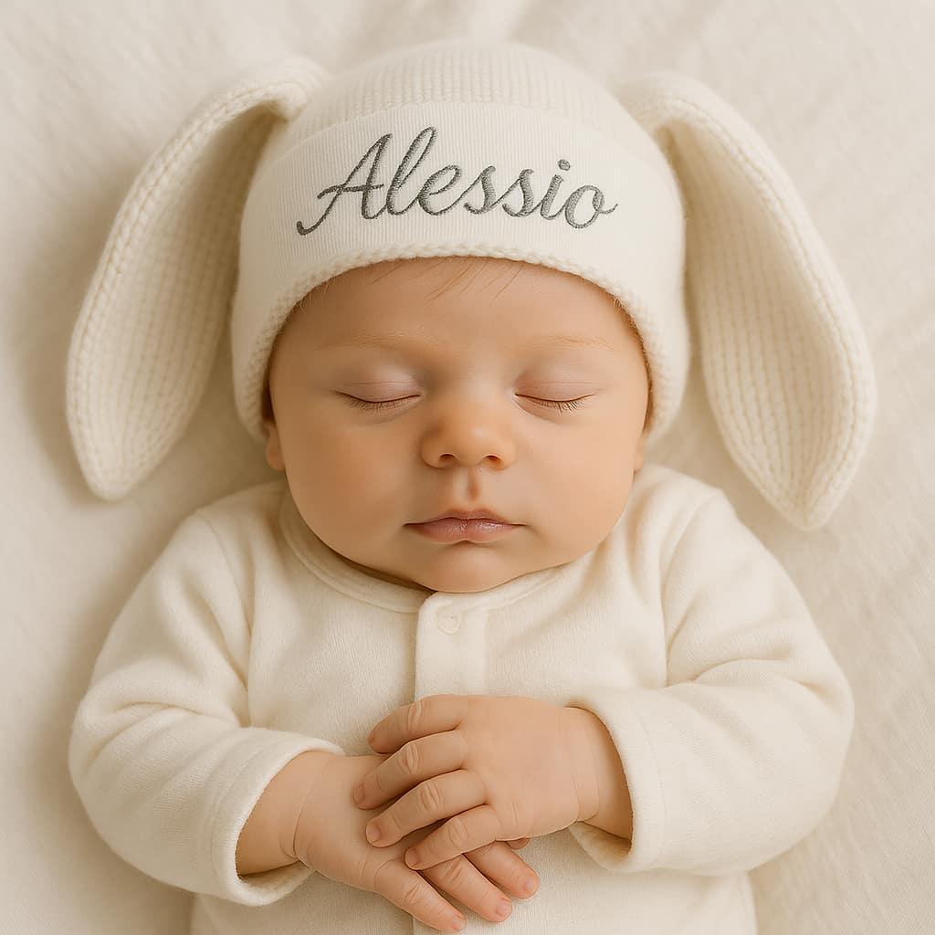 Petit bebe qui s appelle alessio avec son bonnet personnalise avec son prenom