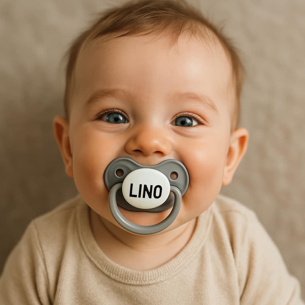 Petit bebe qui s appelle lino avec sa tetine personnalisee