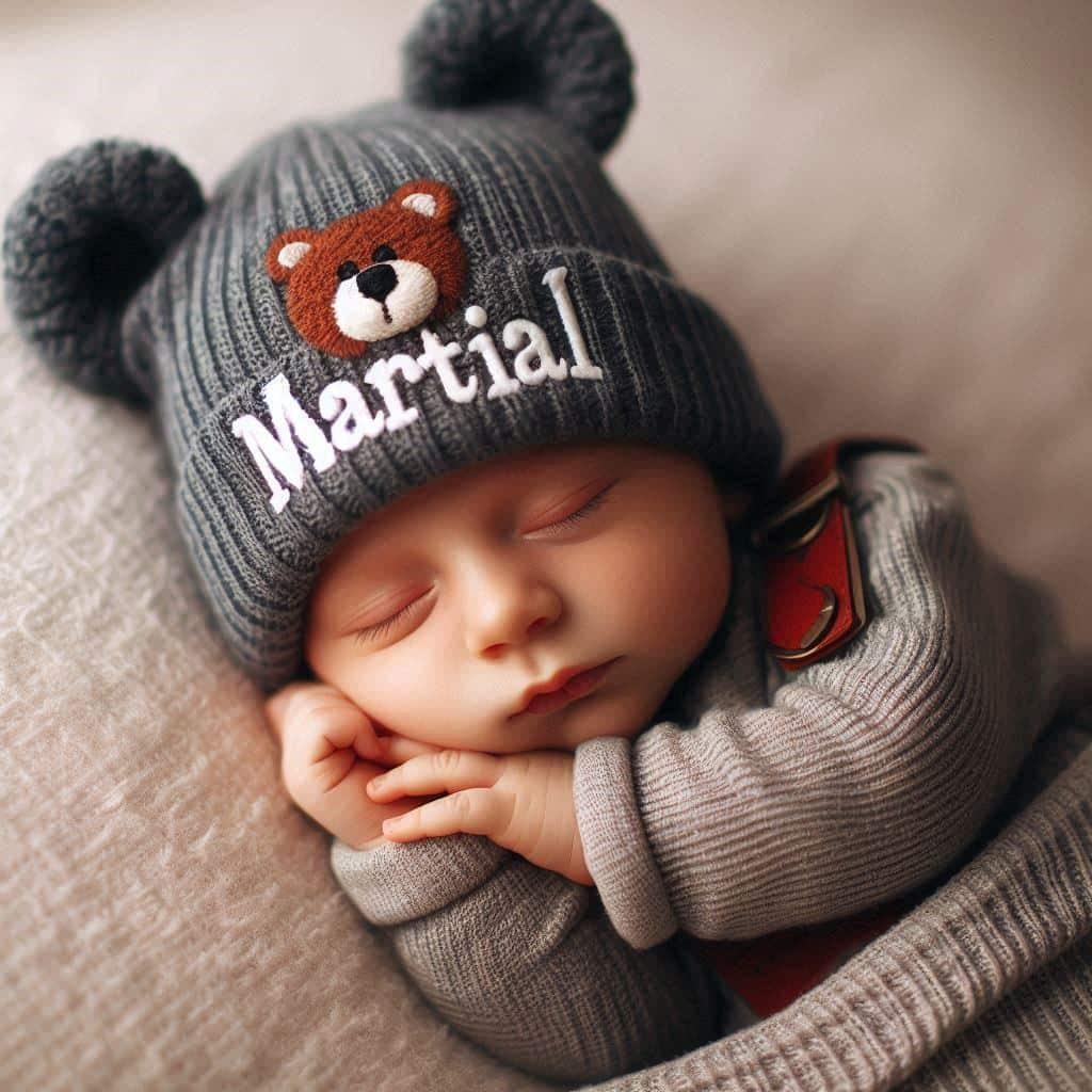 Petit bebe qui s appelle martial avec son bonnet personnalise