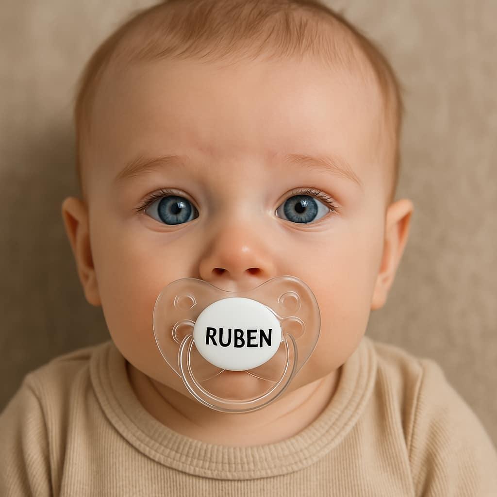 Petit bebe qui s appelle ruben avec sa tetine personnaliseee