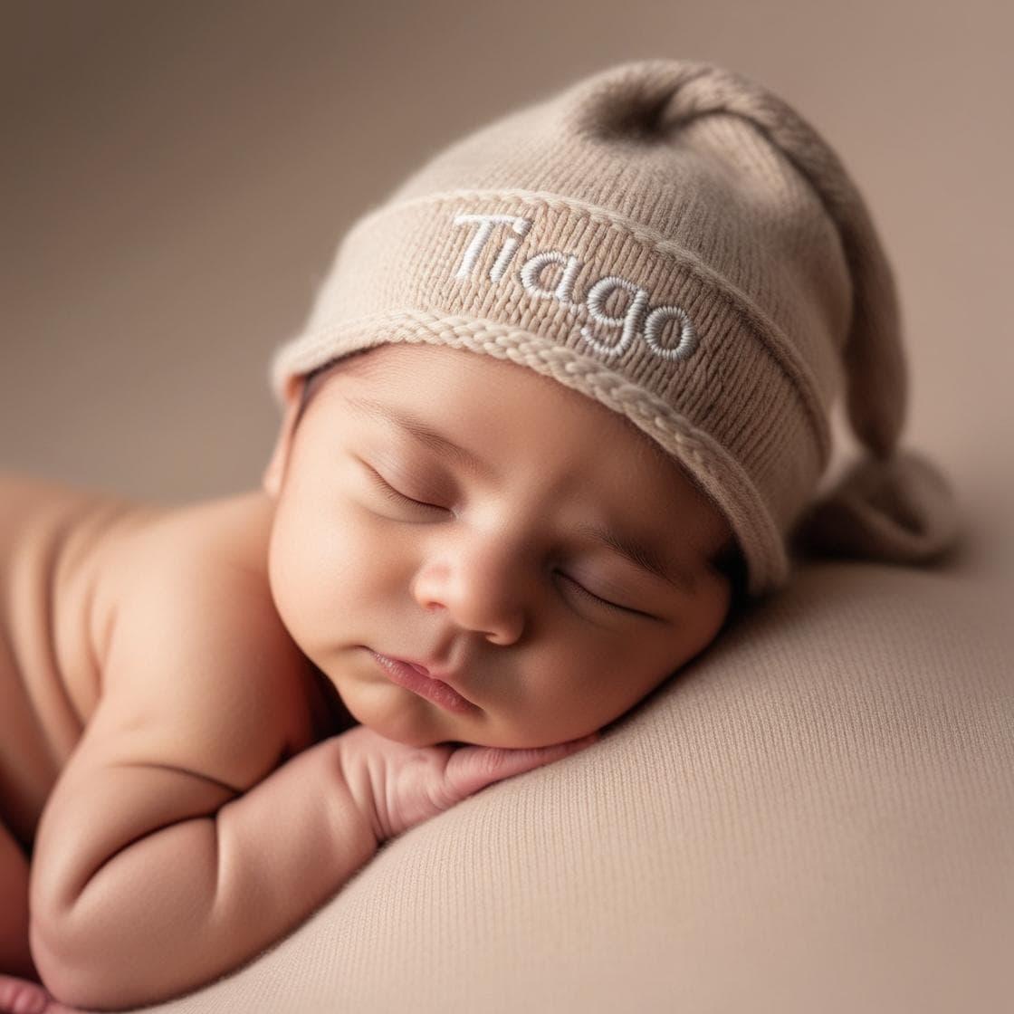 Petit bebe qui s appelle tiago il dort paisiblement avec son bonnet personnalise avec le prenom tiago