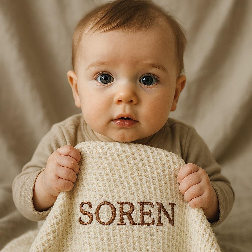 Petit bebe qui se nomme soren avec sa couverture personnalisee