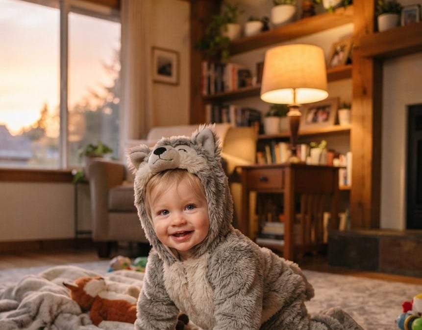 Petit garcon deguise en loup qui s amuse dans le salon