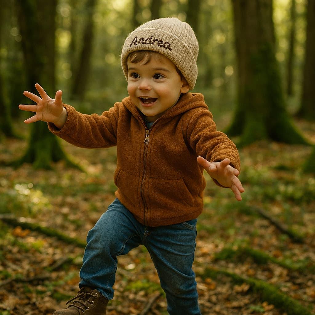 Petit garcon qui joue prenomme andrea il est dans la foret