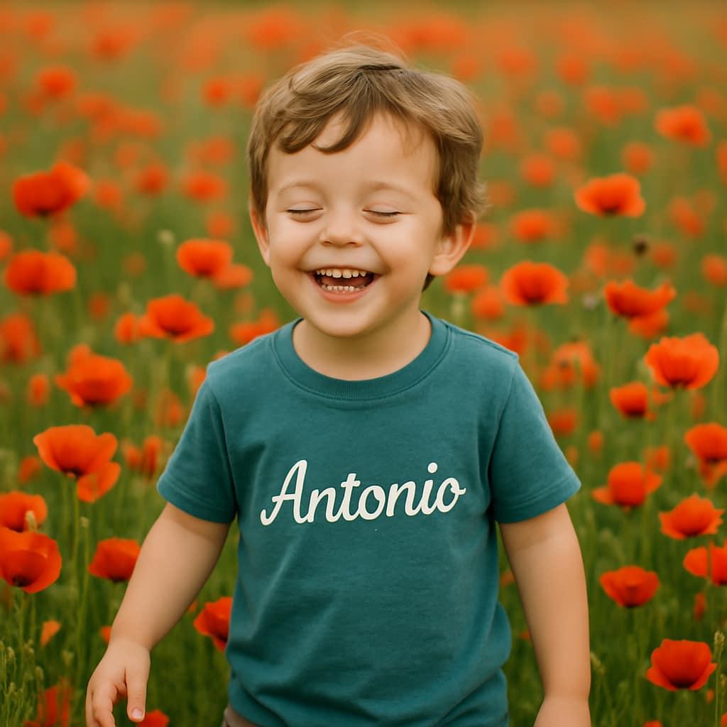 Petit garcon qui rigole dans un champs de coquelicot avec un t shirt personnalise au nom de antonio