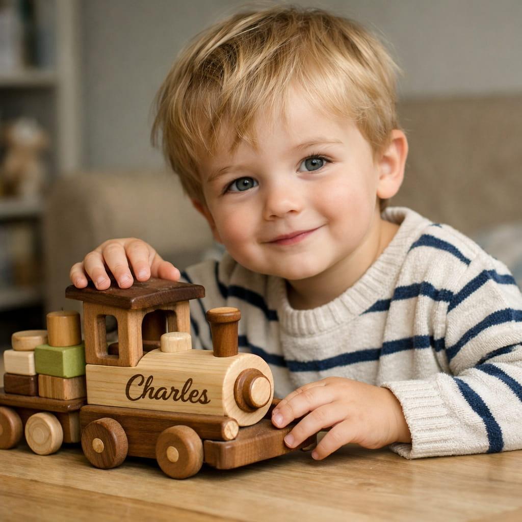 Petit garcon souriant avec son petit train personnalise au nom de charles