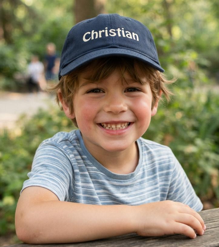 Petit garcon souriant portant une casquette bleue brodee avec le prenom christian assis dans un parc en exterieur