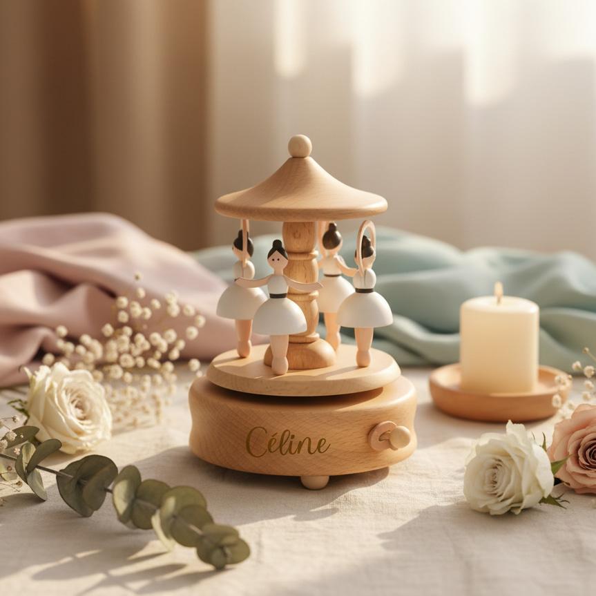Petit manège miniature en bois ballerines boîte à musique prénom Céline