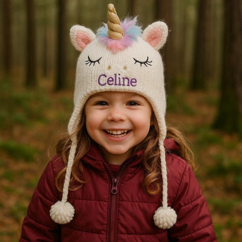 Petite fille avec son bonnet licorne personnalise au nom de celine elle est dans la foret