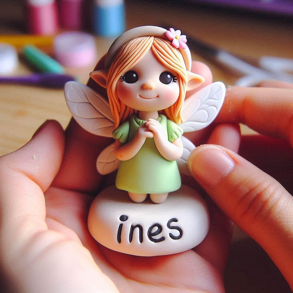Petite fille en fimo avec le prenom ines et les mains de la creatrice