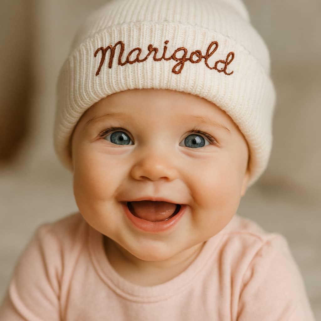 Petite fille heureuse avec son bonnet brode marigold