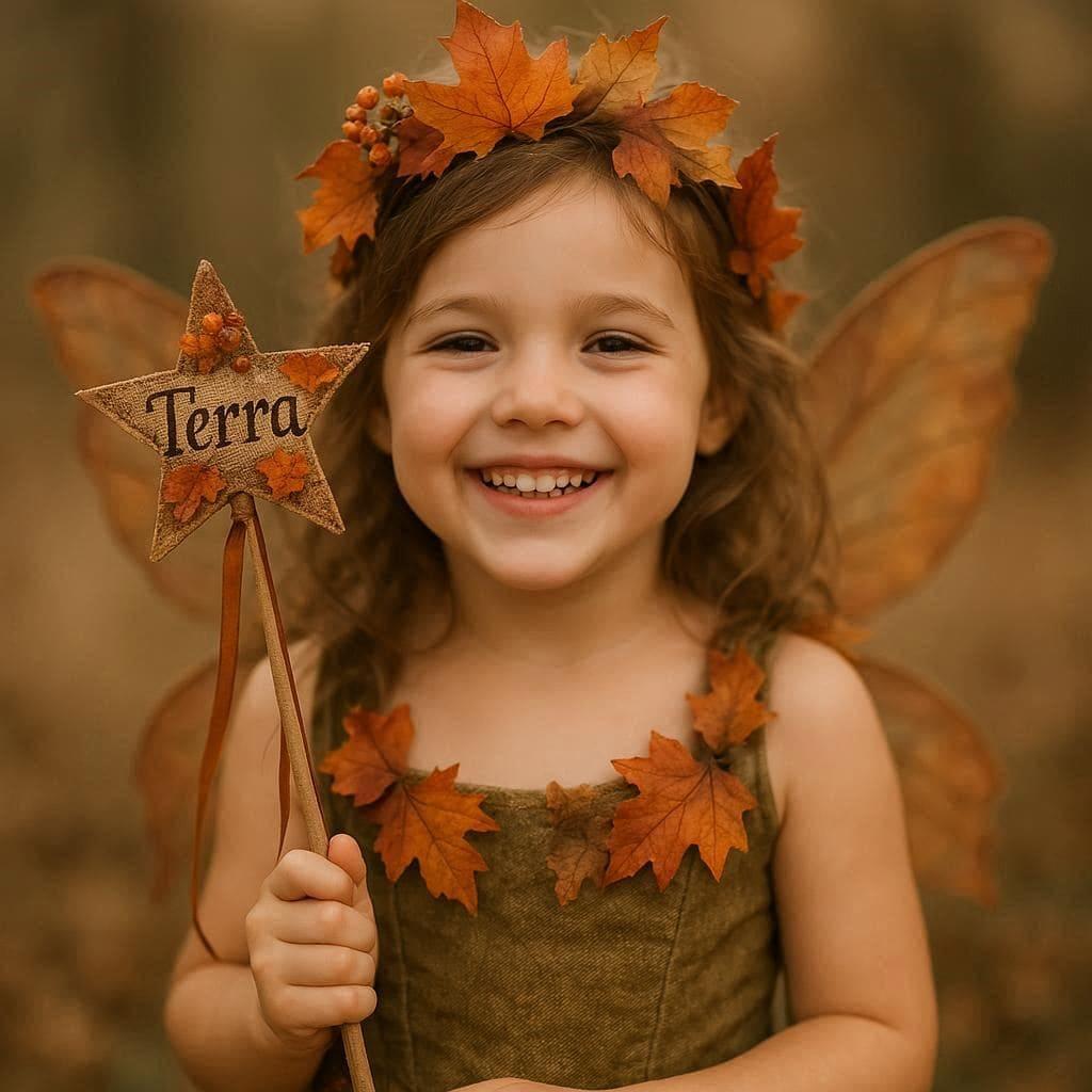 Petite fille souriante deguisee en fee de l automne avec sa baguette magique personnalisee au nom de terra