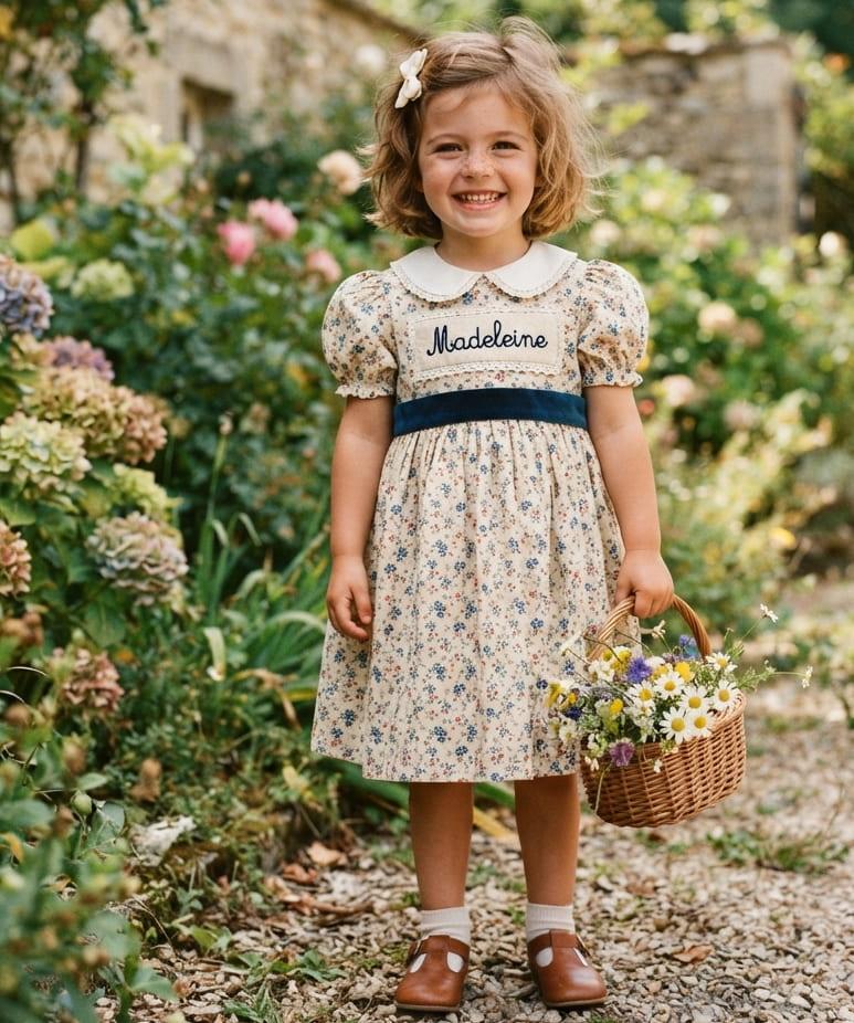 Petite fille souriante portant une robe vintage personnalisee avec le prenom madeleine