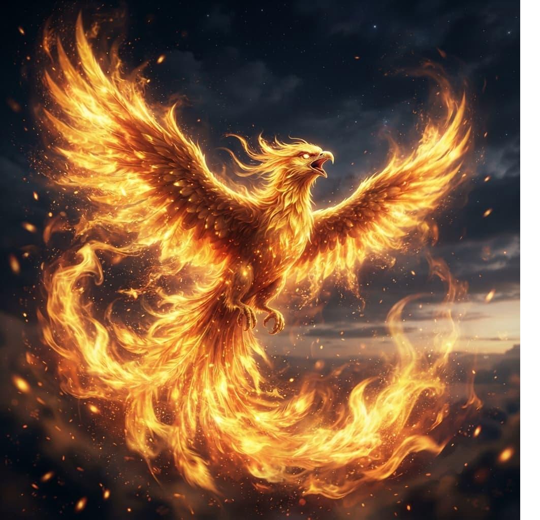 Phenix en vol entoure de flammes dorees symbole de transformation et de renaissance lumineuse
