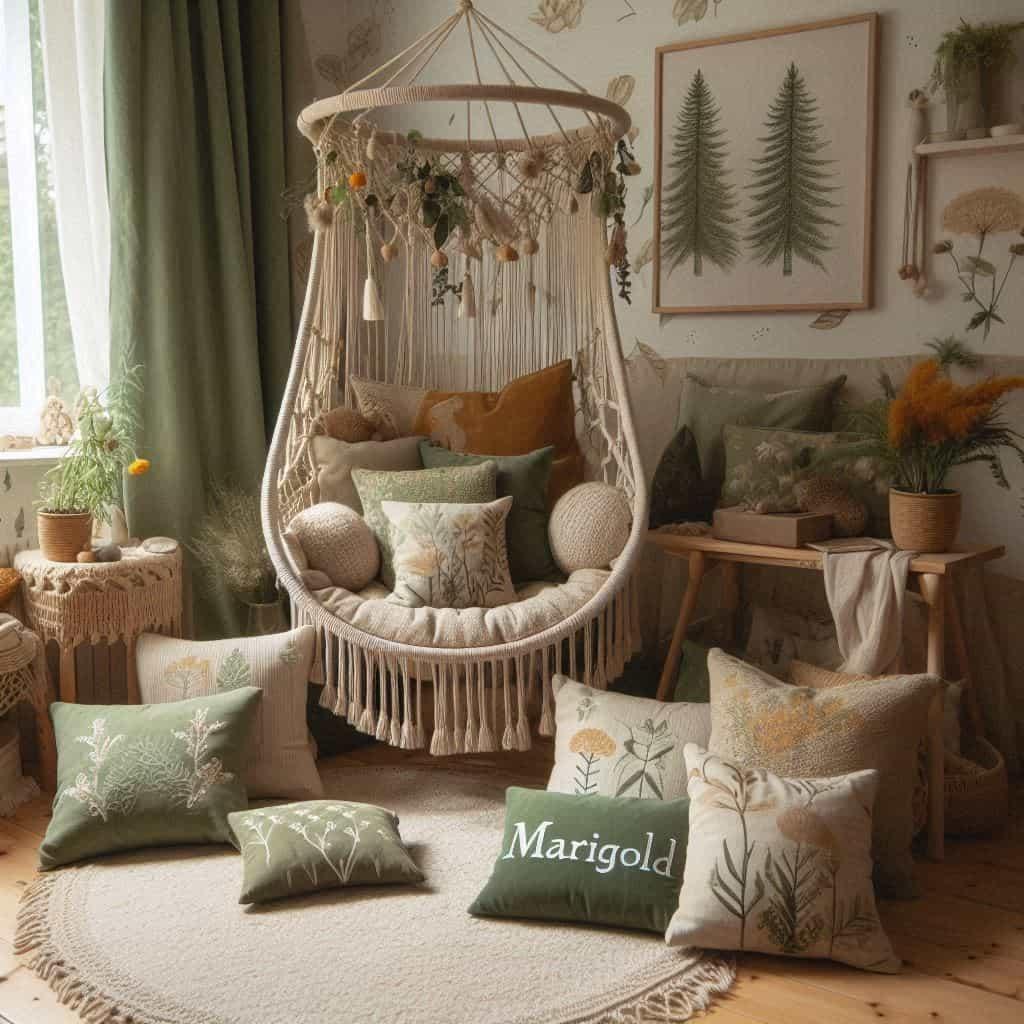 Photo d un coin lecture doux et boheme inspire de l univers des animaux de la foret melant tons verts bruns et beiges un fauteuil suspendu en macrame entoure de coussins dont un br