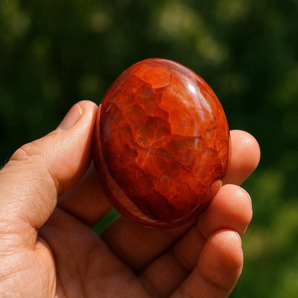 Pierre de cornaline rouge orange facettee et translucide tenue dans la main symbole de creativite et de chaleur