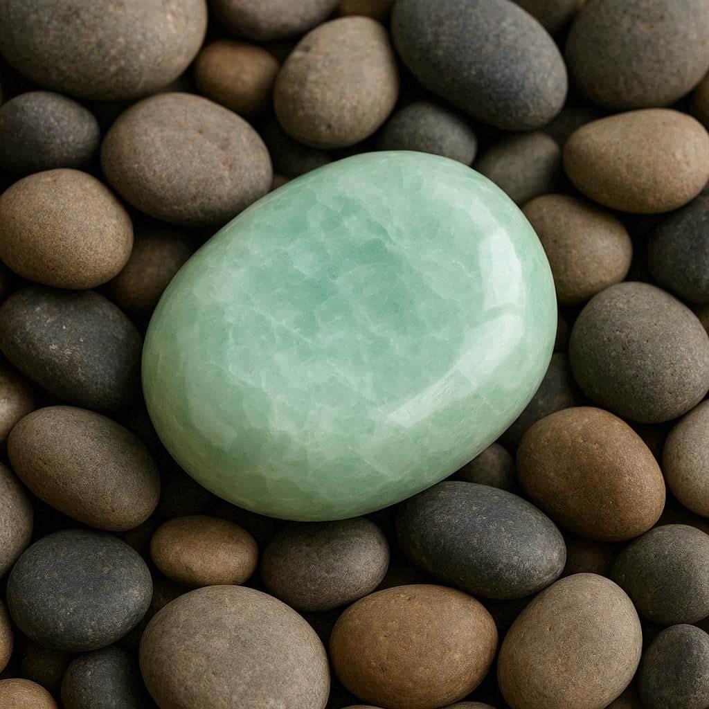 Pierre de jade vert clair posee parmi des galets sombres
